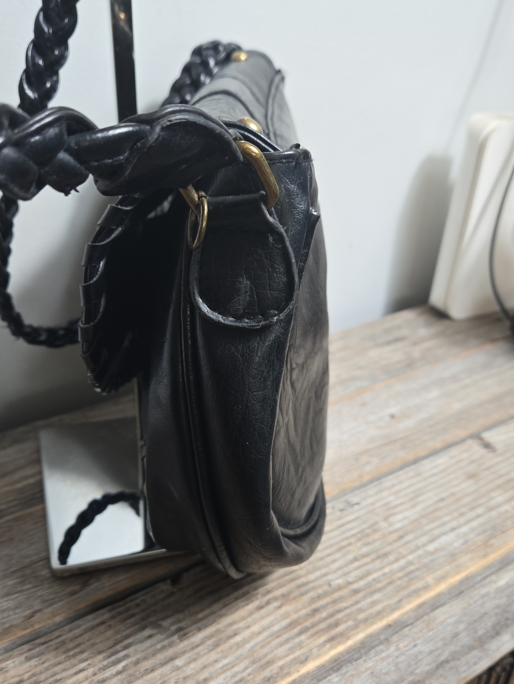 Black Studded Leather Saddle Braided Crossbody Bag - Picture 4 of 10